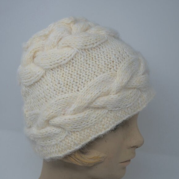 vtg 60s Retro Hand Knit Cream Ivory Mod Cable Pillbox Bucket Hat Cottagecore EUC - Picture 3 of 7